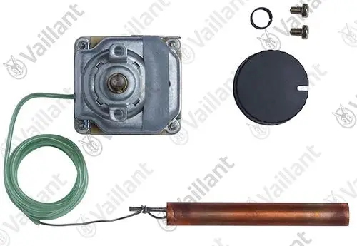 Vaillant Temperaturregler mit elektromagnetischem Antrieb, Kupferrohr und Anschlusskabel, sowie Abdeckplatte und Befestigungsschrauben.